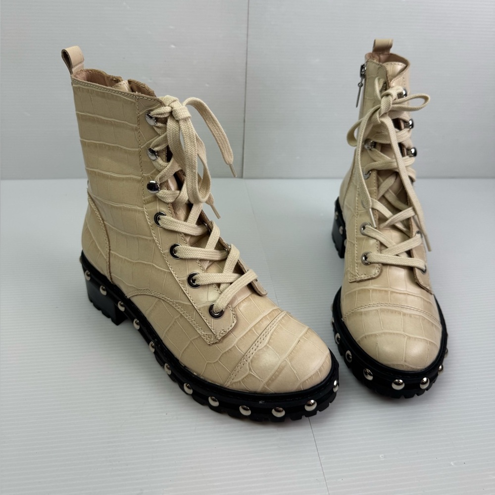 SCHUTZ Andrea Croc-Embossed Leather Combat Boots Women’s 7B Wide Nude Moto Biker